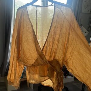 Elegant Wrap-Style Long Sleeve Top - Tan